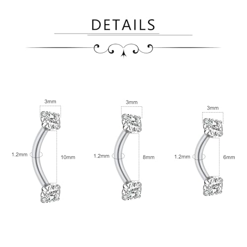 FECTAS 9PCS Curved Barbell Piercing Jewelry, 16G Surgical Steel Eyebrow Rook Rings with CZ, Arrow & Ball Ends, 6/8/10mm Lengths - color: silvery