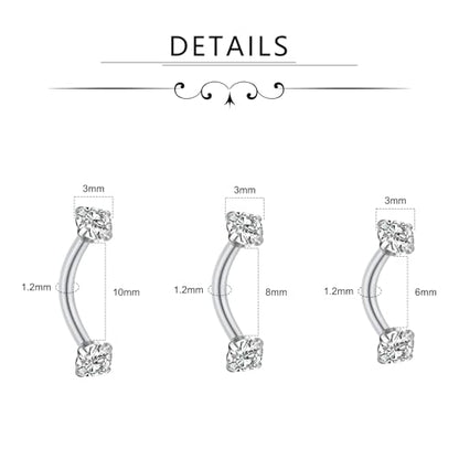 FECTAS 9PCS Curved Barbell Piercing Jewelry, 16G Surgical Steel Eyebrow Rook Rings with CZ, Arrow & Ball Ends, 6/8/10mm Lengths - color: silvery