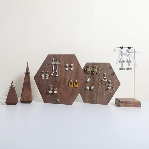 Hexagonal Earring Organizer stand, Walnut Plywood Jewelry Display Board for Hanging earring studs, Perfect for Storing and Showcasing Your Jewelry Collection【Set of Two Size】