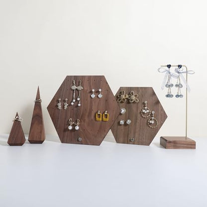 Hexagonal Earring Organizer stand, Walnut Plywood Jewelry Display Board for Hanging earring studs, Perfect for Storing and Showcasing Your Jewelry Collection【Set of Two Size】