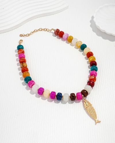 Chunky Gold Fish Pendant Necklace For Women Long Silk Scarf Turquoise Strand Necklace With Fish Pendants Boho Beach Shell Statement Necklaces - style: Bead Fish