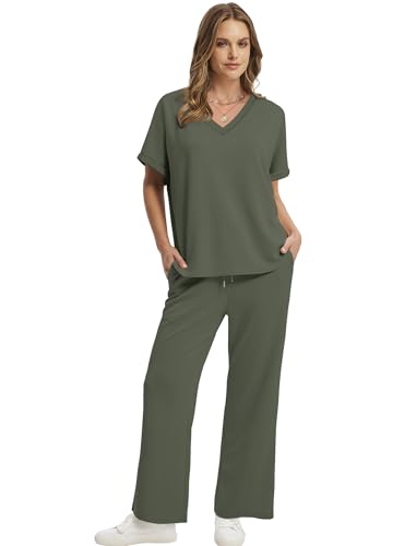 Sampeel Lounge Sets for Women V Neck Turn-UP Sleeves Tops Wide Leg Pants 2 Piece Sets Oversized Summer Vacation Outfits 2026 - color: Green, size: Medium