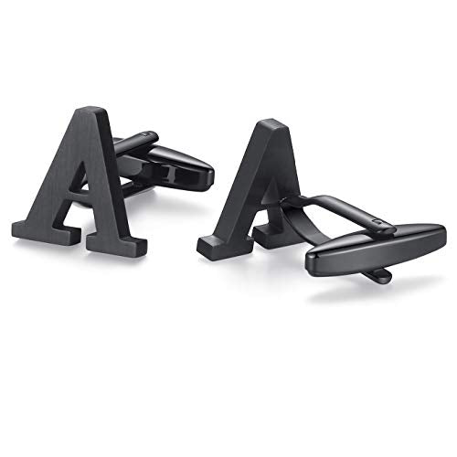 HONEY BEAR Black Initial Letter Round Cufflinks Tie Clip Set for Men | Wedding Business, Tarnish-Resistant, Steel-Plated Copper Base, Gift Box, for Groomsmen, Father, Husband, Anniversary, Formal - style: A_2.12"