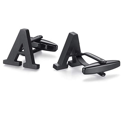 HONEY BEAR Black Initial Letter Round Cufflinks Tie Clip Set for Men | Wedding Business, Tarnish-Resistant, Steel-Plated Copper Base, Gift Box, for Groomsmen, Father, Husband, Anniversary, Formal - style: A_2.12"