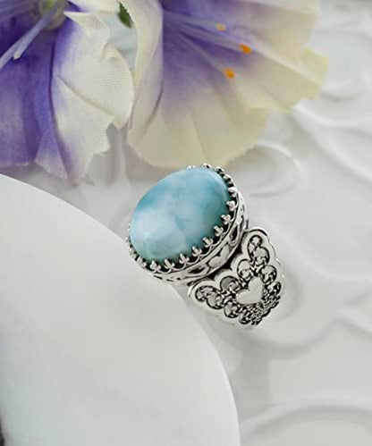 Filigranist 925 Sterling Silver Handcrafted Filigre Art Double Heart Detailed Women Cocktail Ring with Gemstones - color: Larimar