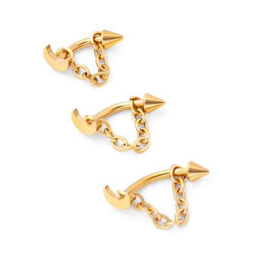 3 Pcs 316L Stainless Steel 16G Tragus Helix Rook Piercing Jewelry with Chain, Cartilage Earrings for Women, Belly Button Ring Vertical Labret Lip Piercing Jewelry - color: Gold, size: Moon