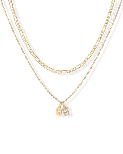 PAVOI 14K Gold Plated Initial Letter Double Dog Tag Pendant Necklace | Dainty Cubic Zirconia Letter Tag Round Box Chain Necklaces for Women - style: - M