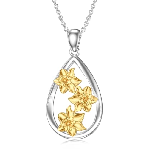 12 Month Birth Flower Necklace for Women 925 Sterling Silver Floral Teardrop Pendant Birthday Jewelry Gifts - color: 12. December Narcissus