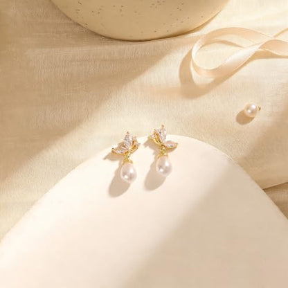 Pearl Earrings for Women:Gold Wedding Dangle Drop Earring Pearl Jewelry | 14K Gold Plated Pearl Drop Earrings for Women,Dainty Wedding Bride Earring Studs,Gold Dangle Drop Earring,Waterproof Jewelry - size: 1 pcs-16