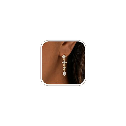 Dangle Earrings for Women, Dainty Teardrop Drop Earrings 14K CZ Flower Gold Earrings for Women Trendy Bridal Earring Set Hypoallergenic Stud Dangly Earring Stack Wedding Prom Fashion Jewelry - color: cz flower drop earrings