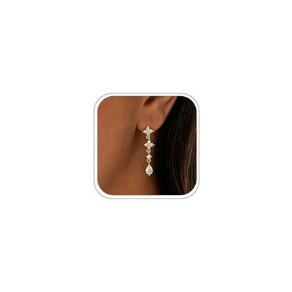 Dangle Earrings for Women, Dainty Teardrop Drop Earrings 14K CZ Flower Gold Earrings for Women Trendy Bridal Earring Set Hypoallergenic Stud Dangly Earring Stack Wedding Prom Fashion Jewelry - color: cz flower drop earrings