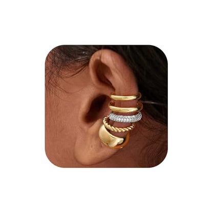 MEVECCO Ear Cuffs Non Piercing 18K Gold Plated Ear Cuff Earring Sets Clip on Cartilage Cubic Zirconia Pearl Minimalist Hypoallergenic Fake Hoop Earrings Stack Women Gifts - style: 3pcs-Tripe