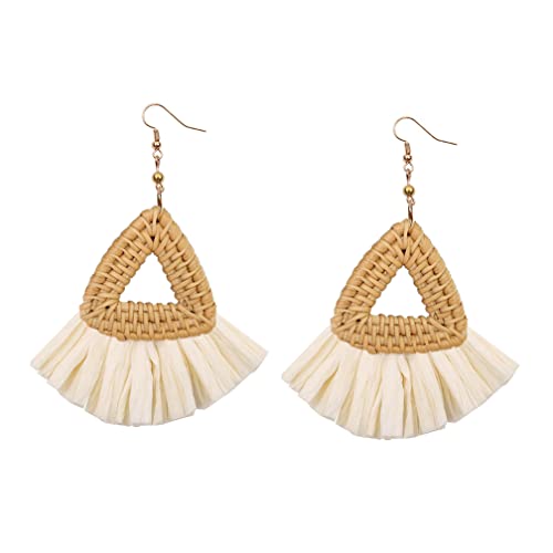 Bohemia Tassel Earrings Statement Handmade Dangle Ethnic Fringe Earrings Bamboo Weaving Geometric Square Sector Gifts for Women - color: triangle raffia