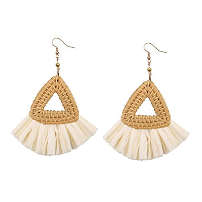 Bohemia Tassel Earrings Statement Handmade Dangle Ethnic Fringe Earrings Bamboo Weaving Geometric Square Sector Gifts for Women - color: triangle raffia