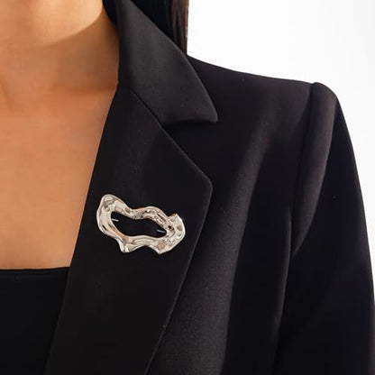 Geometric Teardrop Brooch for Women Gold Silver Statement Metal Brooch Pins Chunky Irregular Round Lapel Pin Coat Sweater Scarves Shawl Brooches Fashion Wedding Party Prom Jewelry - color: silver wave