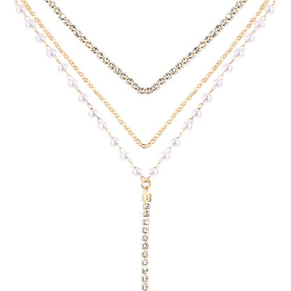 Necklace for Women, Dainty Long 14K Gold Y-Shaped Necklace Jewelry Trendy Beaded Layered Chain Drop Necklaces Jewelry Women Gifts - style: Multi-layered Pearl