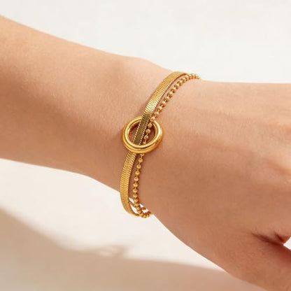 CTRLZTEAM 14K 18K Gold Plated Layered Bracelets for Women Stacked Bracelet | 14K 18K gold plated multi layer bracelets combine distinct chains with single clasp for instant pre-stacked style - style: Integrated Dual-Strand Snake Chain