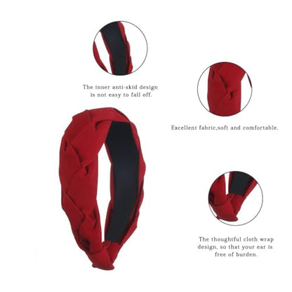 Braided Velvet Headband for Women Wide Hair Band | Wide Fabric Red Braided Cute Handmade Makeup Hair Band Thin and Thick Hair Skincare Boho Spring Headband for Washing Face - color: Fabric Red Headbands