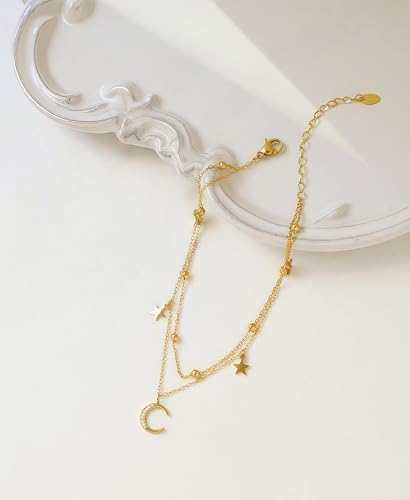 Layered Star and Moon Anklet for Women Waterproof Titanium Steel | Adjustable Gold/Silver Ankle Bracelet for Everyday Wear, Shower Safe Celestial Jewelry Gift, Dainty Summer Beach Foot Jewelry - color: Gold