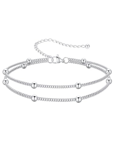 FOCALOOK 14K Gold Plated Anklets for Women Waterproof Plus Size Ankle Bracelet 8.5-10.5 Inch Adjustable Mariner/Figaro/Flat Snake/Cuban Link Chain Anklet Jewelry for Summer Beach Holiday - color: M:2 Layers Anklet-Silver