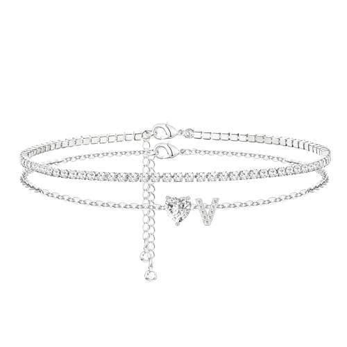 Heart Initial Silver Anklets for Women Waterproof Dainty Silver Plated ankle bracelets for women Large Ankle Women's Anklets Tennis ankle bracelets Non Tarnish Summer Beach Foot Jewelry - style: Silver-V