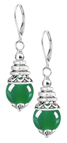 Natural 10mm Stone Beads Drop Earrings,Retro Silver Round Quartz Crystal Gemstone Beads Dangle Earrings for Women - color: A07_Green Agate