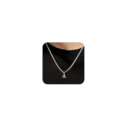 Silver Initial Necklace for Men Letter Pendant Cuban Link Chain | Stainless Steel 4mm 20 Inch Chain Non Tarnish Silver Plated A-Z Capital Name Charm Custom Personalized Jewelry Gift for Man - style: Silver:A
