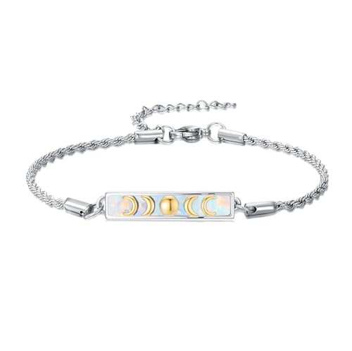 Waves/Tree of Life/Mushrooms/Moon Phase/Butterfly/Hummingbird Bracelet/Anklet 925 Sterling Silver Adjustable Abalone Shell Bar Bracelet/Anklet Summer Jewelry Gifts for Women - color: Moon Phase-Opal, size: Bracele 7"+2"