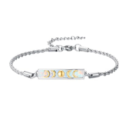 Waves/Tree of Life/Mushrooms/Moon Phase/Butterfly/Hummingbird Bracelet/Anklet 925 Sterling Silver Adjustable Abalone Shell Bar Bracelet/Anklet Summer Jewelry Gifts for Women - color: Moon Phase-Opal, size: Bracele 7"+2"