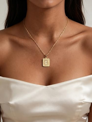 U7 Initial Necklaces for Women, Square Letter Pendant Necklace | Gold & Silver Plated A-Z Pendant | Personalized Large Monogram | 20+2" Adjustable Chain | Gift Packed for Mom Wife Friends - color: a. Gold, style: C