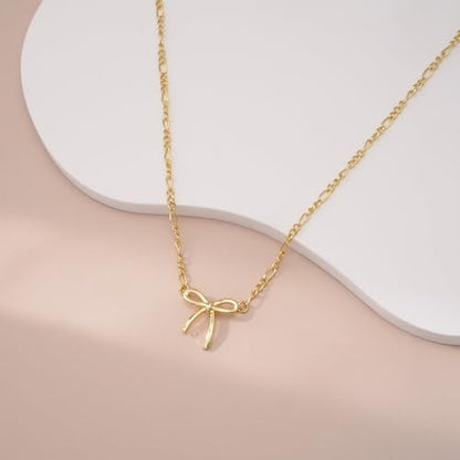 Gold Silver Necklace for Women, Dainty Cubic Zirconia Pendant | Teardrop CZ Charm, 14K Gold/Sterling Silver Plated, Adjustable Chain, Hypoallergenic & Waterproof Jewelry, Cute Trendy Gift - color: Gold-Bow/figaro chain