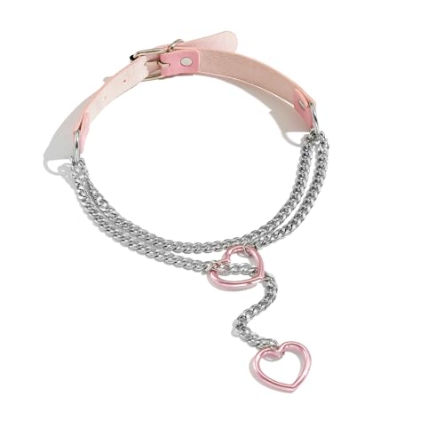 Heart O Ring Slip Chain Choker Necklace for Women Men Stainless Steel Cuban Chain Y-shape Necklaces Punk Rock Collar Adjustable Lariat Y Necklace Prom Necklaces Jewelry - color: Pink leather
