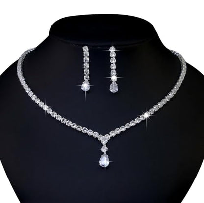 Women's Fashion Jewelry Rhinestone Zircon Necklace and Earring Set Formal Ball Gown Accessories Silver Floral Pendant Bridal Wedding Jewelry Suitable for Weddings, Balls, Banquets, and All Special Occasions - style: GST005