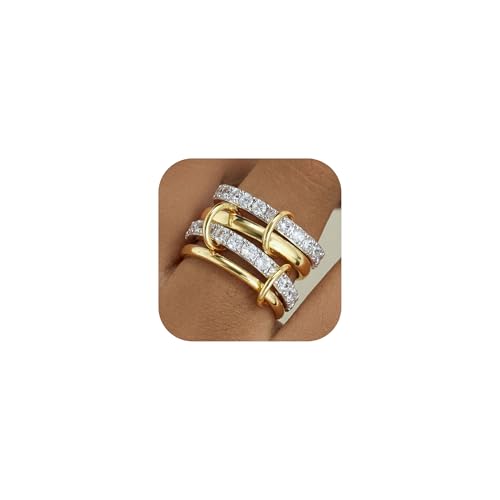 PATISORNA Gold Stackable Rings for Women Non Tarnish 18K Gold Plated Interlocked Stack Rings Set Silver Gold Mixed Metals Multi Ring Statement Thumb Rings Cubic Zirconia Connected Bands Fashion Jewelry Gifts - color: Thick Bands & CZ