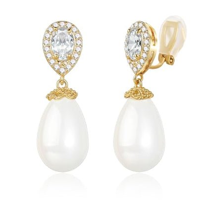 Teardrop Austrian Crystal & Pearl Drop Earrings,14K Gold Plated Elegant Dangle Earrings for Women, Bridal Wedding Jewelry Gift - color: Gold/Clip