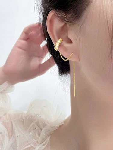 Long Chain Cuff Earrings Gold Silver Wrap Tassel Earrings Minimalist Cz Round Stud With Chain Cuff Double Piercing Jewelry Statement Fake Earrings for Women - color: style2-gold-1pcs
