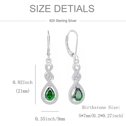Women 925 Sterling Silver Twist Infinity Teardrop Necklace Earrings 5A Cubic Zirconia Green May Birthstone Emerald Color Jewelry Set