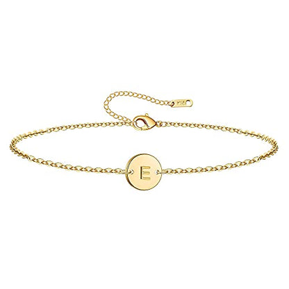 Ovian Initial Charm Bracelet for Women 18K Gold Plated stainless steel Coin Disc Engraved Letter Bracelet Personalized Monogram Name Bracelet - color: E