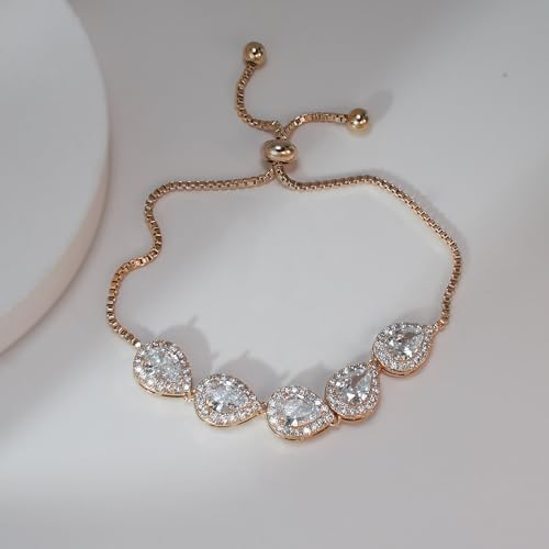 Teardrop Cubic Zirconia Jewelry Set for Women Wedding Prom Bridesmaid Gift | Sparkle Necklace Earrings Bracelet, Bride Formal Party Jewelry - color: Rose Gold