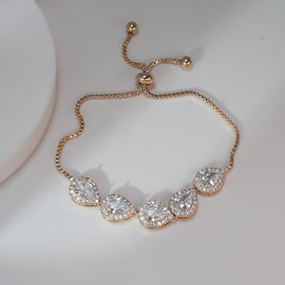 Teardrop Cubic Zirconia Jewelry Set for Women Wedding Prom Bridesmaid Gift | Sparkle Necklace Earrings Bracelet, Bride Formal Party Jewelry - color: Rose Gold