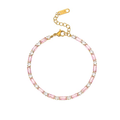 18K Gold Plated Multi-Color Classic Tennis Bracelet for Women Dainty Color 3mm Rainbow Cubic Zirconia Bracelet Adjustable CZ Gold Bracelets Trendy Summer Jewelry Gift - style: Pink-Gold