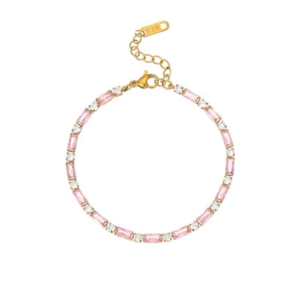 18K Gold Plated Multi-Color Classic Tennis Bracelet for Women Dainty Color 3mm Rainbow Cubic Zirconia Bracelet Adjustable CZ Gold Bracelets Trendy Summer Jewelry Gift - style: Pink-Gold