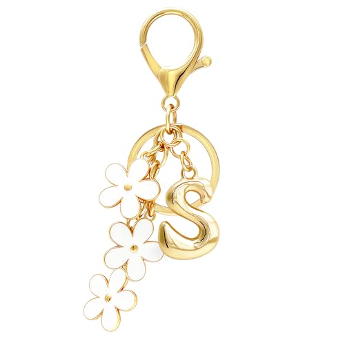 Floral Series Initial Bag Charm, Cute Flower & Bubble Letter Purse Charms, Keychain Accessories Gift for Women - color: White Flower, style: S