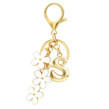Floral Series Initial Bag Charm, Cute Flower & Bubble Letter Purse Charms, Keychain Accessories Gift for Women - color: White Flower, style: S