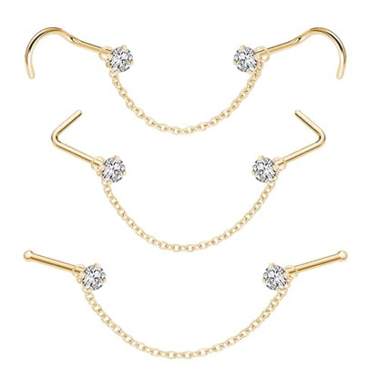 Nose Ring Chain Across Nose Black Stainless Steel Nostril Nose Piercing Chain with Cubic Zirconia Nose Screw Bone L-Shaped Ring for Women Body Piercing Nostril Jewelry with Bridge Chain - color: Gold-Single Nose Chain Studs