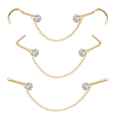 Nose Ring Chain Across Nose Black Stainless Steel Nostril Nose Piercing Chain with Cubic Zirconia Nose Screw Bone L-Shaped Ring for Women Body Piercing Nostril Jewelry with Bridge Chain - color: Gold-Single Nose Chain Studs