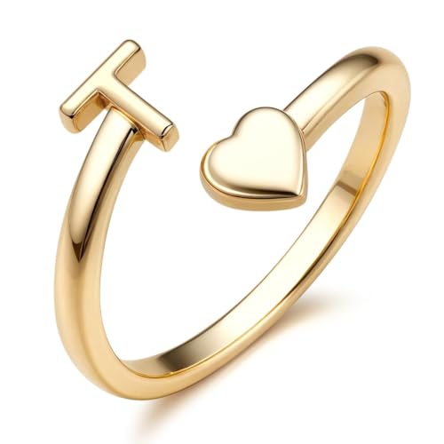 FUNRUN JEWELRY Gold Initial Ring for Women Non Tarnish 14K Gold Plated | Adjustable Letter Rings A-Z Dainty Heart Alphabet Stackable Band Rings Trendy Capital Letter Pinky Knuckle Thumb Ring - style: T Initial Ring