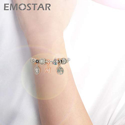 EMOSTAR Letter Charms Initial A-Z Alphabet Beads, Rose Gold 925 Sterling Silver Dangle CZ Birthstone Pendant, Gifts for European Charm Bracelet/Mothers Day/Birthday - color: Letter M