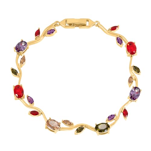 Tulip Flower Bracelet for Women 14K Gold Plated Stainless Steel with Colorful Cubic Zircon Dainty Cute Pink Rose Floral Jewelry Gift for Her Crystal Flower Leaf Bracelets -7.5inch/190mm - color: Mulity Gold