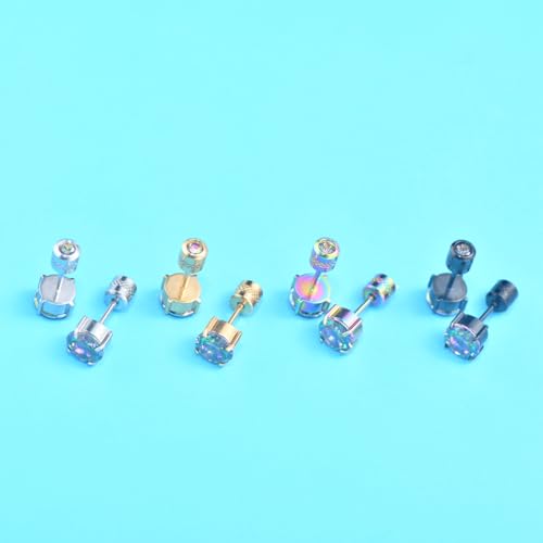 Titanium Flat Back Surgical Stainless Steel Stud Earrings for Women Men,Birthstone Stud Earrings Hypoallergenic Double Side 5A Cubic Zirconia Studs Jewelry 6mm - color: Colorful-Rainbow CZ